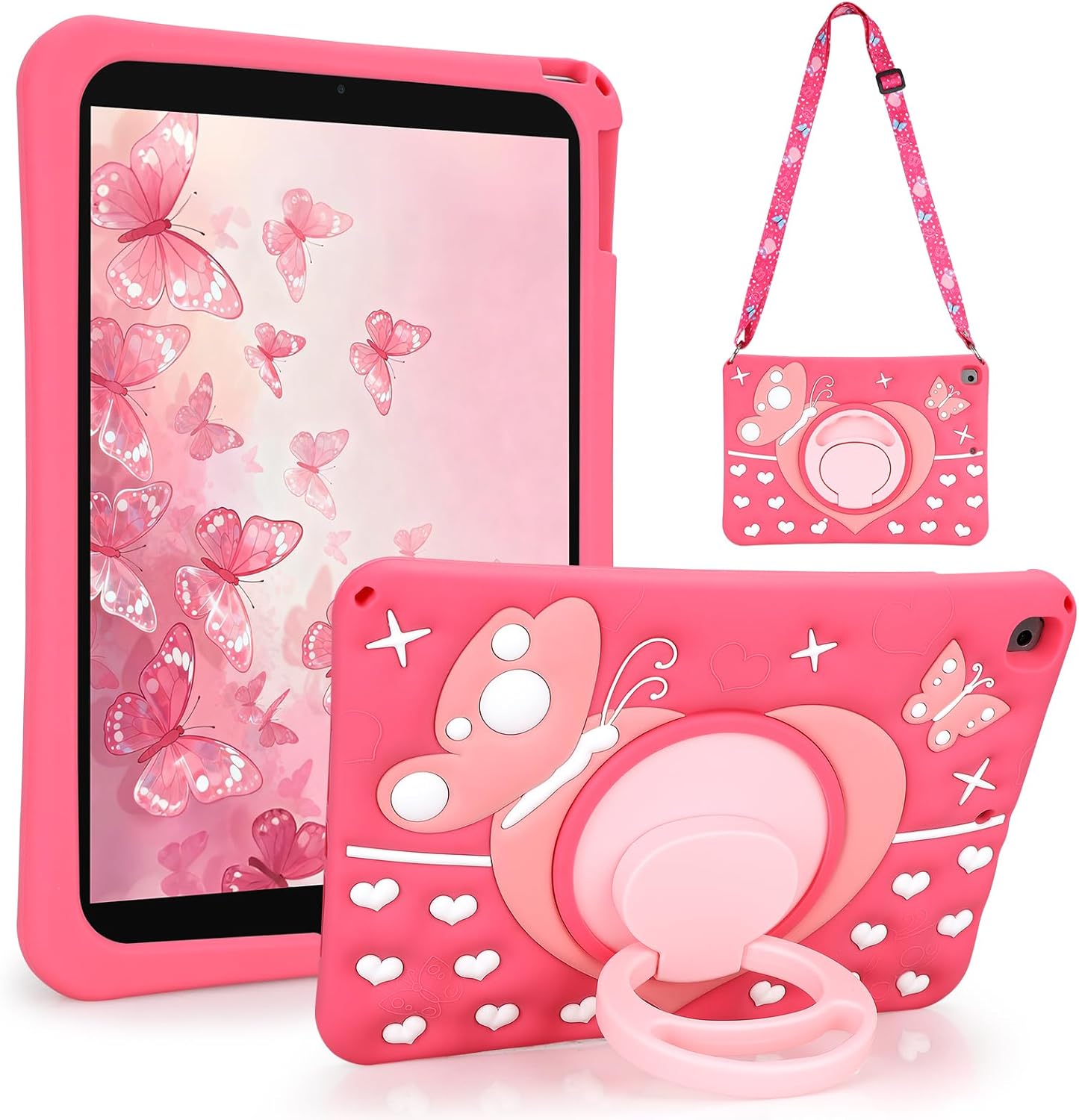 Husa iPad VOFOLEN pentru copii 10.2 inch, compatibila iPad 9 / 8 / 7 (2021/2020/2019), silicon moale rezistent la socuri, maner rotativ 360°, curea de umar, suport integrat, design fluture, roz