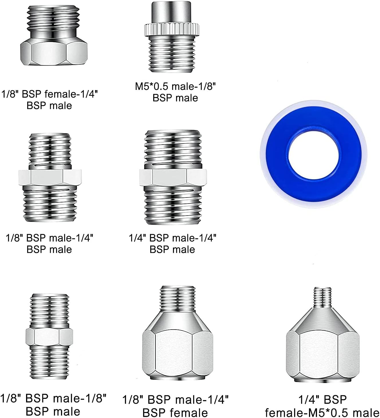 Set conectori cupla rapida aer, pentru aerograf, 14 piese, 1 x adaptor cuplare rapida cu robinet, 7 tipuri conectori BSP 1/4 inch, 1/8 inch si M5, cu banda de teflon, pentru compresor si furtun airbrush