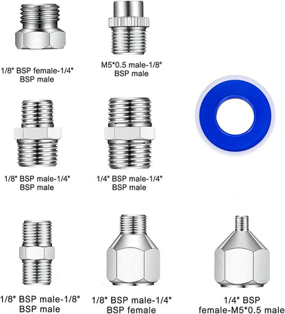 Set conectori cupla rapida aer, pentru aerograf, 14 piese, 1 x adaptor cuplare rapida cu robinet, 7 tipuri conectori BSP 1/4 inch, 1/8 inch si M5, cu banda de teflon, pentru compresor si furtun airbrush