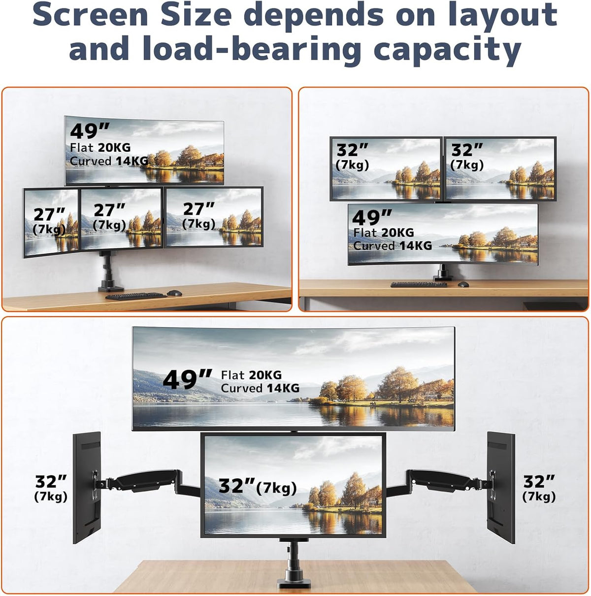 Suport 4 monitoare PUTORSEN pentru birou, 1x49 inch, 3x27 inch, VESA 75 x 100, pentru monitoare plate si curbate, brate reglabile cu arc, inaltime reglabila 80 cm, rotire, inclinare si pivotare, montare cu clema sau grommet