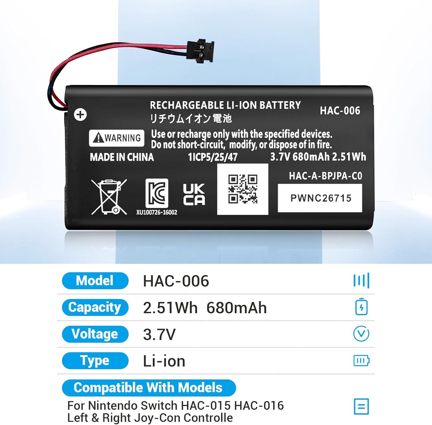 Set 2 acumulatori 680 mAh pentru Nintendo Switch Joy-Con L/R, compatibile HAC-015 / HAC-016, Li-Polymer, include 2 acumulatori + surubelnita