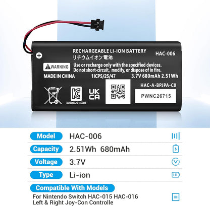 Set 2 acumulatori 680 mAh pentru Nintendo Switch Joy-Con L/R, compatibile HAC-015 / HAC-016, Li-Polymer, include 2 acumulatori + surubelnita