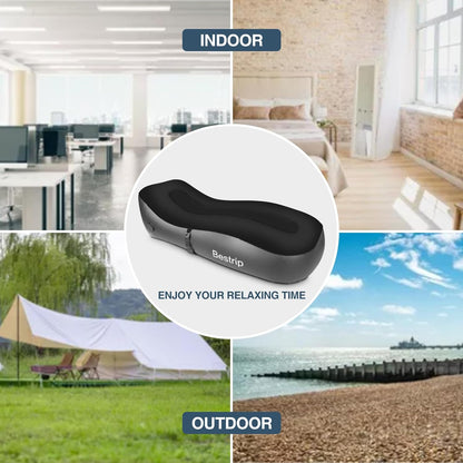 Sezlong gonflabil cu pompa de aer incorporata, 180 x 70 x 50 cm, capacitate 150 kg, design ergonomic, pentru camping, utilizare interior si exterior, negru