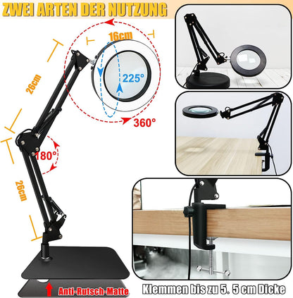 Lampa cosmetica LED cu brat si lupa, marire 5-8X, 2 in 1 cu baza si clema, 3 moduri iluminare, pentru machiaj, manichiura, tatuaje