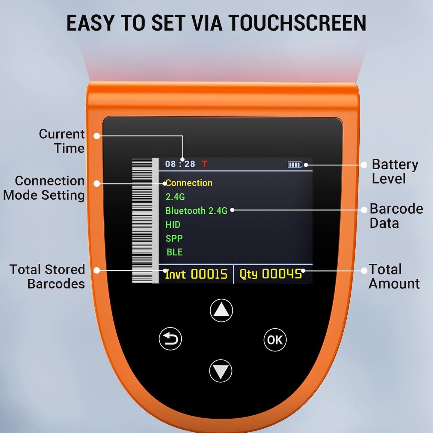 Cititor coduri de bare Wireless 2.4G si Bluetooth, 1D 2D QR, Stand cu functie incarcare, Display, Acumulator 2600mAh, Memorie interna 16 MB, Raza actiune 100 m, Compatibil cu Windows, Mac OS, Linux, Android, iOS, Tera HW00015