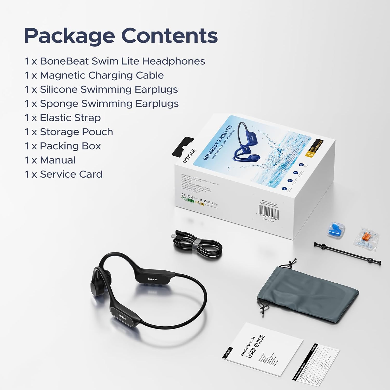 Casti Wireless Doogee Bone Sound, Bluetooth 5.4, IP68, 32GB, MP3 integrat, Open-Ear, mod dublu Bluetooth/MP3, pentru ciclism, fitness sau inot, gri inchis