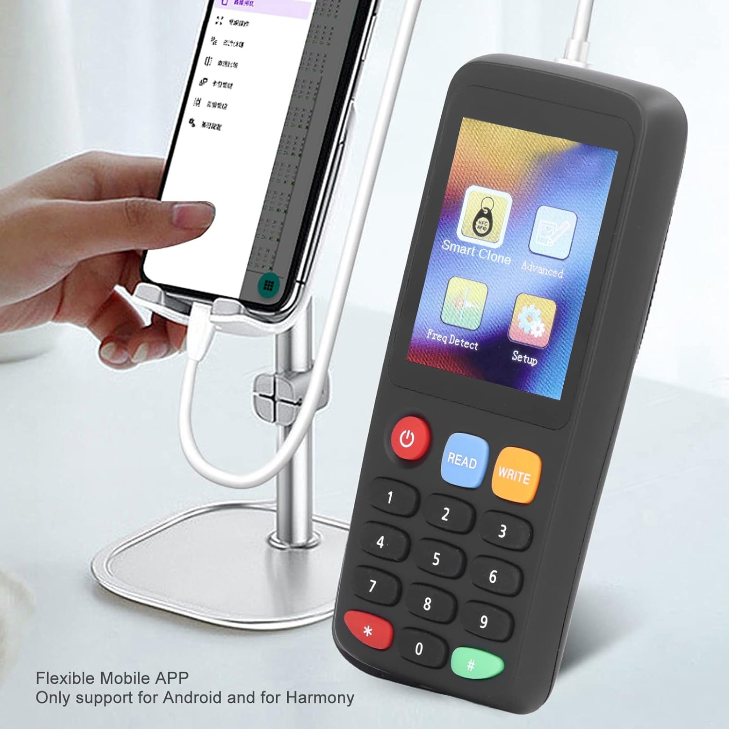 Set copiator si cititor RFID, NFC, 1 x Adaptor OTG, cu 5 x carduri, 5 x Breloc UID programabile, cu 7 frecvente programabile, 13,56 MHz, 125 KHz, 175 KHz, 250 KHz, 300 KHz, 375 KHz, 500 KHz, ecran LCD, negru