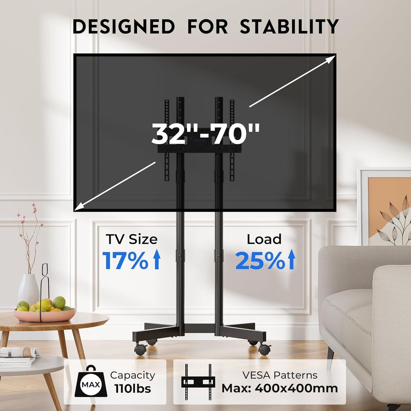 Suport TV BONTEC cu roti pentru ecrane Plasma/LCD/LED de 32-70 inch, pana la 50 kg, 6 reglaje de inaltime, VESA 400 x 400 mm