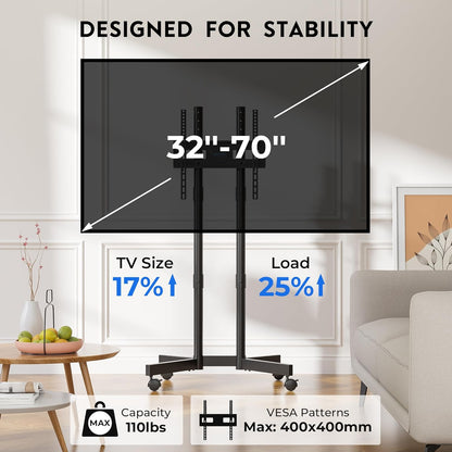 Suport TV BONTEC cu roti pentru ecrane Plasma/LCD/LED de 32-70 inch, pana la 50 kg, 6 reglaje de inaltime, VESA 400 x 400 mm