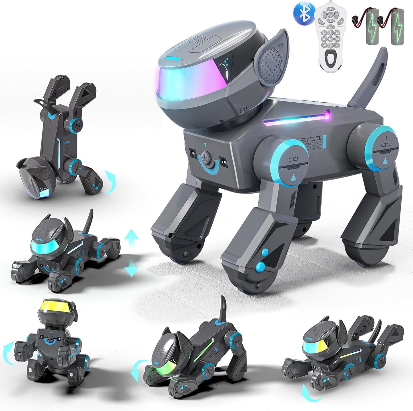 Robot inteligent Smart, caine interactiv cu LED multicolor, bluetooth speaker, programabil 100 comenzi, 15+ functii interactive, baterii reincarcabile – Jucarie STEM pentru copii 3–12 ani