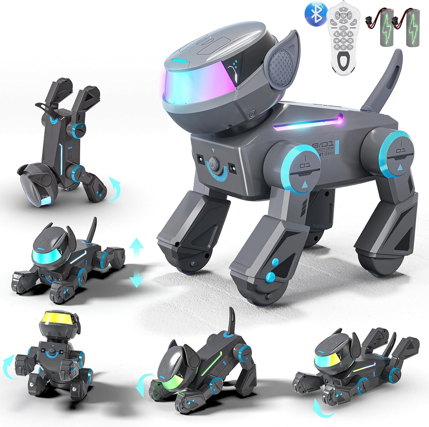 Robot inteligent Smart, caine interactiv cu LED multicolor, bluetooth speaker, programabil 100 comenzi, 15+ functii interactive, baterii reincarcabile – Jucarie STEM pentru copii 3–12 ani