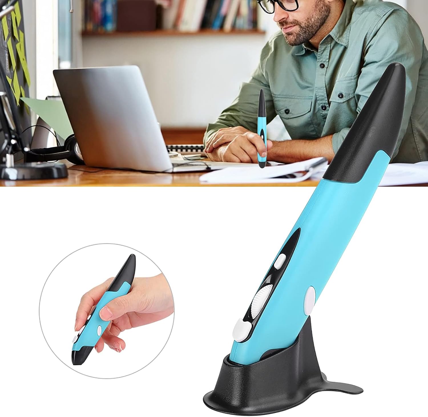 Mouse Wireless tip stilou 2.4G, vertical si ergonomic, optic, mini receptor radio USB, conexiune USB-C si micro, compatibil PC, Laptop, Notebook, Windows 7/8/Vista/XP/2000 si macOS – Pentru dreptaci si stangaci