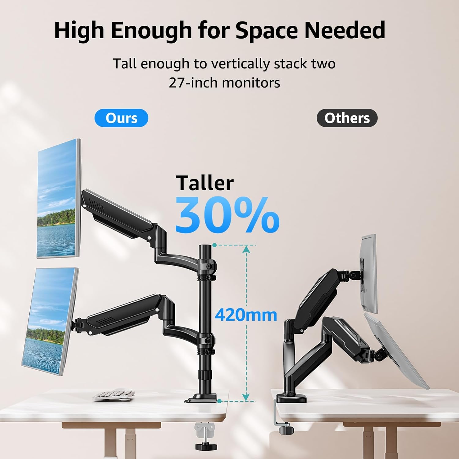 Suport 2 monitoare 26, 6-32 inch, VESA 75/100 mm, greutate suportata pana 10 kg, rotire 360°, inclinare 70°, inaltime reglabila, amortizor cu gaz integrat, prindere prin clema sau inel de montare, negru