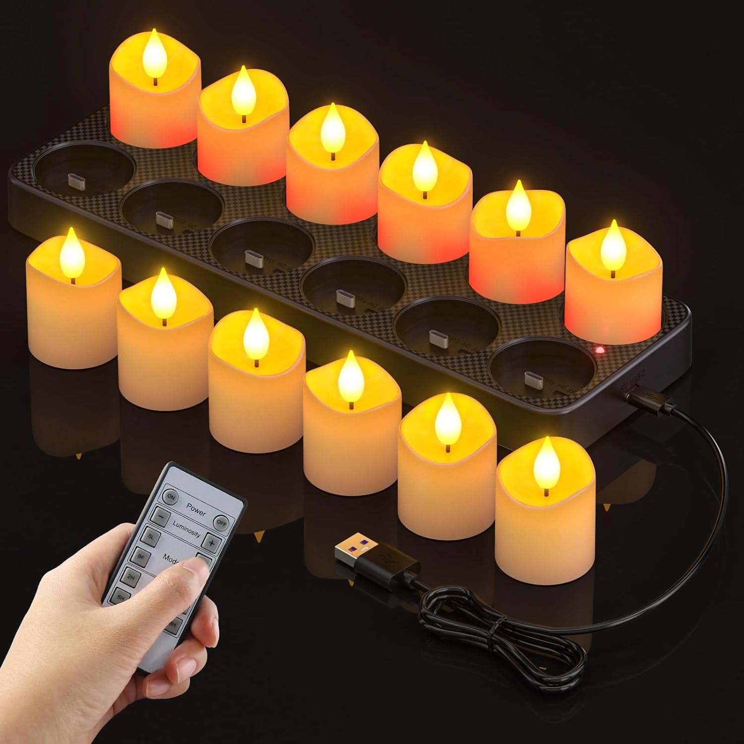Set 12 lumanari LED reincarcabile cu statie de incarcare si telecomanda, efect de flacara, temporizator, 4 moduri luminare, 5 niveluri luminozitate, pentru Halloween, Craciun, nunta, petrecere