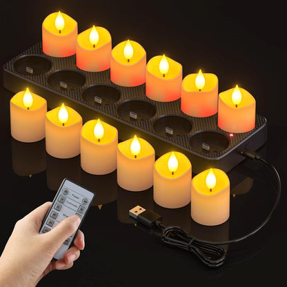 Set 12 lumanari LED reincarcabile cu statie de incarcare si telecomanda, efect de flacara, temporizator, 4 moduri luminare, 5 niveluri luminozitate, pentru Halloween, Craciun, nunta, petrecere