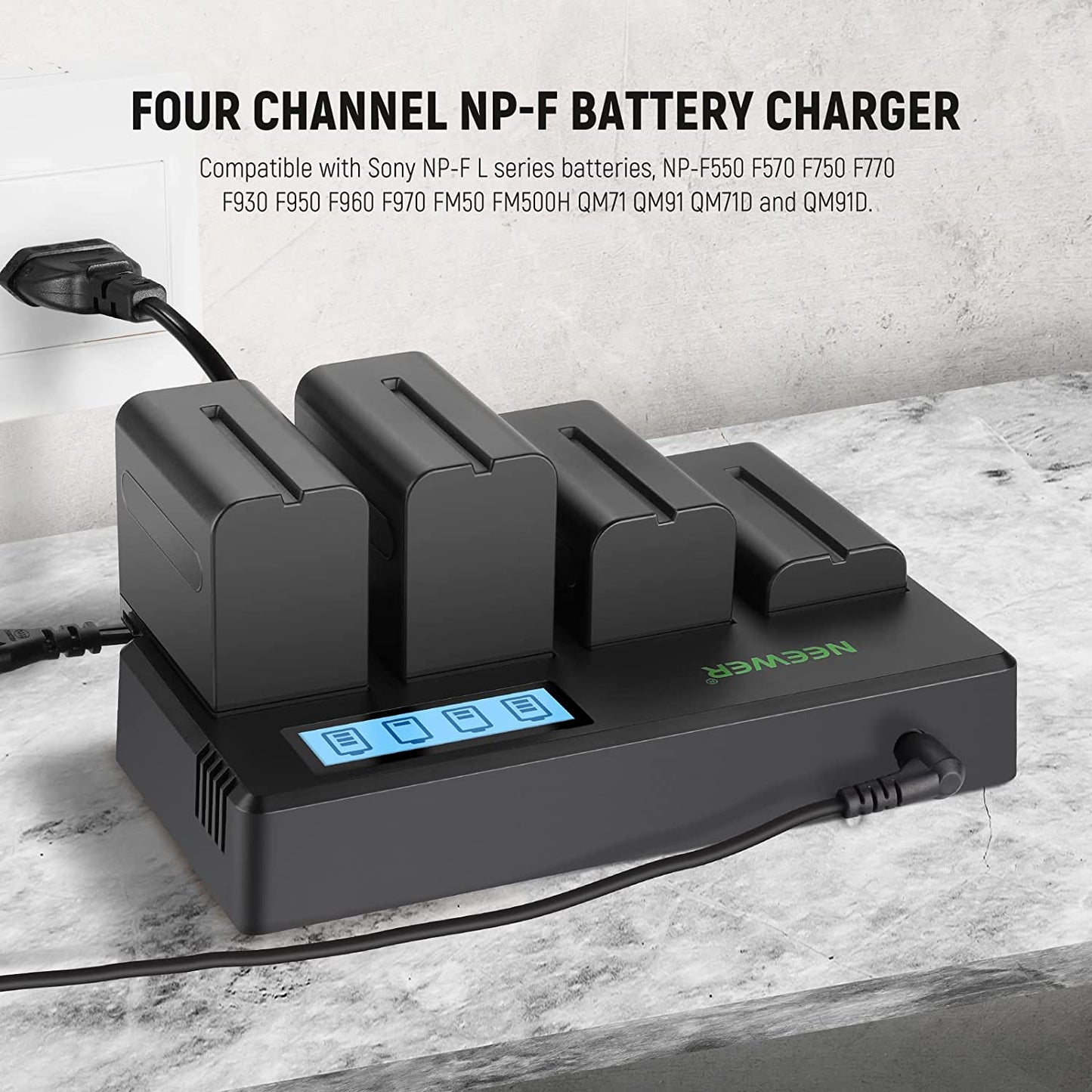 Set de 4 acumulatori NP F550 2600mAh cu incarcator cu 4 canale si display LCD compatibile cu NP F550/750/770/970 FM500H QM71D QM91D