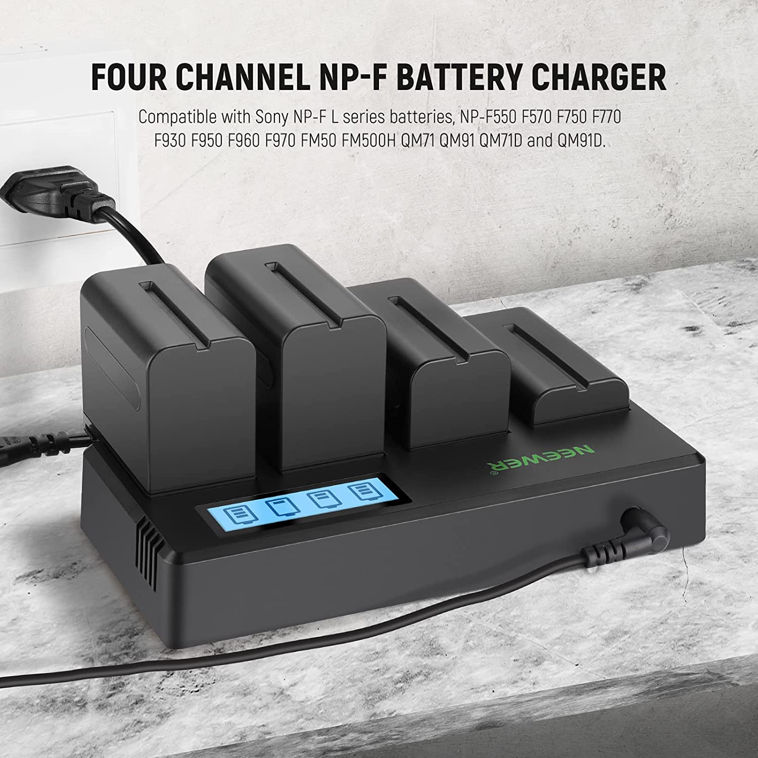Set de 4 acumulatori NP F550 2600mAh cu incarcator cu 4 canale si display LCD compatibile cu NP F550/750/770/970 FM500H QM71D QM91D