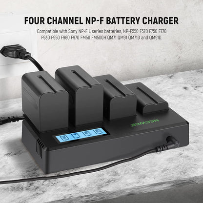 Set de 4 acumulatori NP F550 2600mAh cu incarcator cu 4 canale si display LCD compatibile cu NP F550/750/770/970 FM500H QM71D QM91D