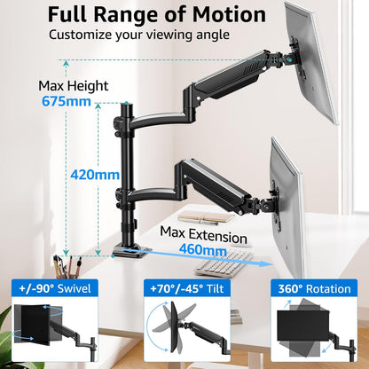 Suport 2 monitoare 26, 6-32 inch, VESA 75/100 mm, greutate suportata pana 10 kg, rotire 360°, inclinare 70°, inaltime reglabila, amortizor cu gaz integrat, prindere prin clema sau inel de montare, negru