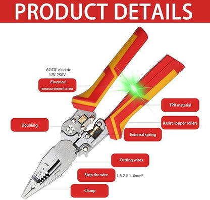 Cleste multifunctional 9 in 1, pentru dezizolat, taiat si sertizat cabluri, cabluri coaxiale si perechi rasucite 1,5-6 mm², tester de tensiune 12-250 V AC/DC cu alarma vizuala/auditiva si blocare de siguranta, pentru diagnosticare
