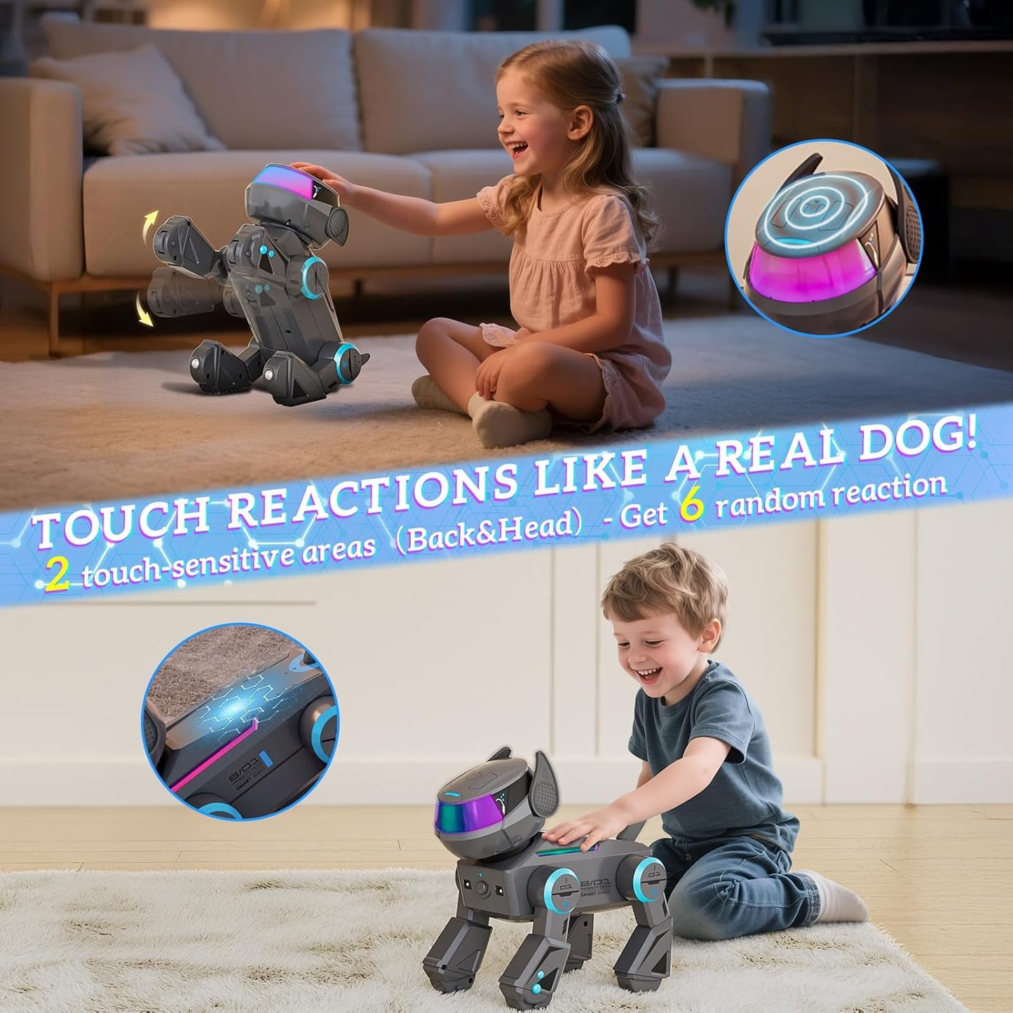 Robot inteligent Smart, caine interactiv cu LED multicolor, bluetooth speaker, programabil 100 comenzi, 15+ functii interactive, baterii reincarcabile – Jucarie STEM pentru copii 3–12 ani