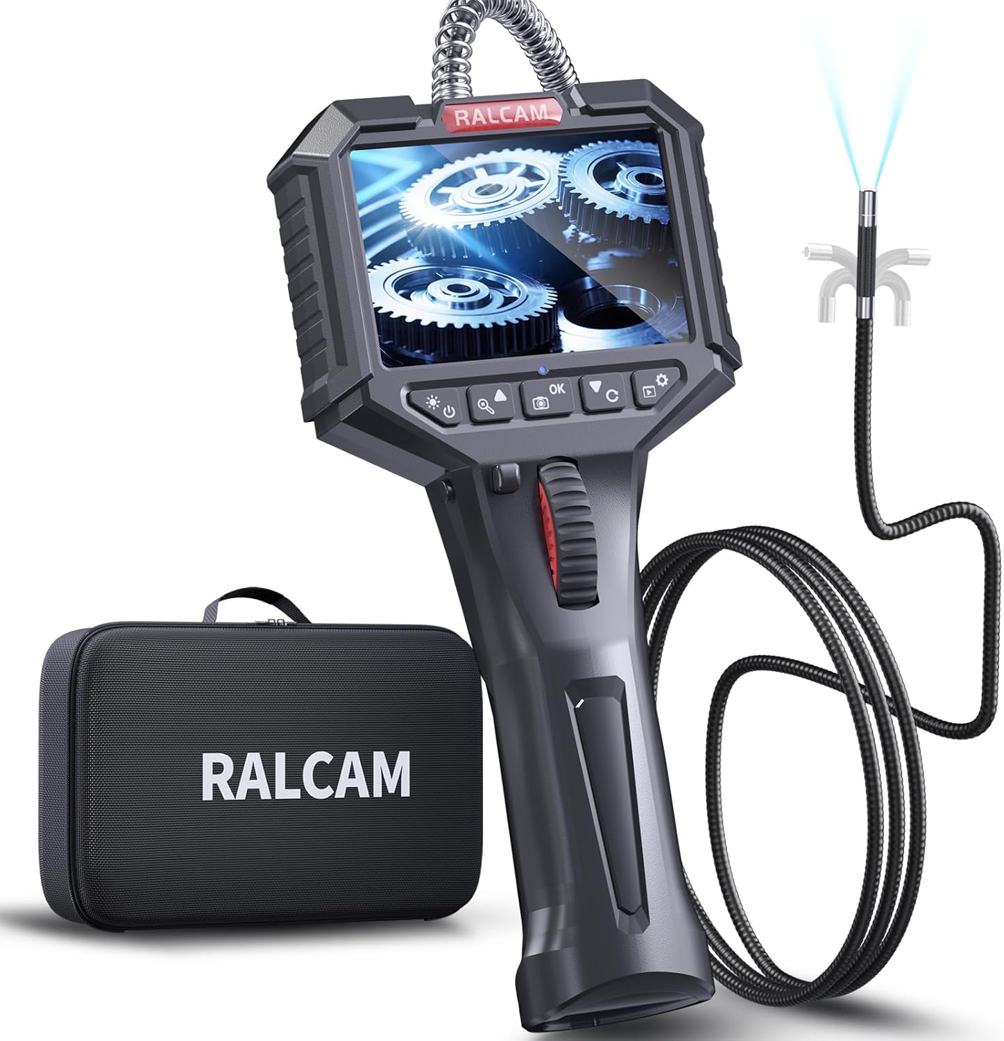Endoscop industrial, camera de inspectie 6.2 mm rotativa 210°, cu 6 lumini LED, marire 4x, ecran de 3.5 inch, tub semirigid IP67