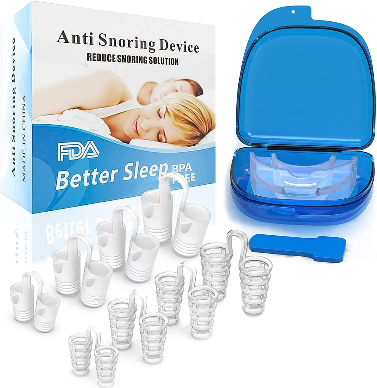 Set dispozitiv anti-sforait cu 8 dilatatoare nazale si gutiera de protectie bucala anti-bruxism, din silicon, pentru o respiratie mai buna si un somn mai linistit