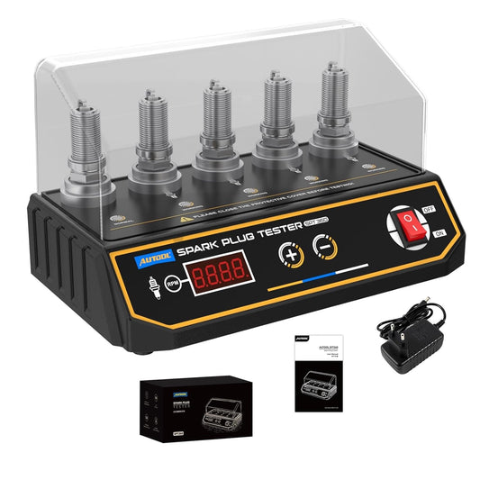Tester bujii auto cu 5 socluri, AUTOOL SPT360, pentru masini si motociclete, 200-9000 RPM, cu display LCD, 20 x 15 x 10 cm, negru