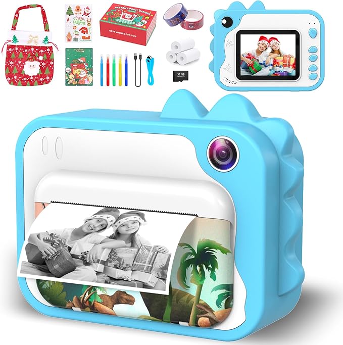 Aparat foto instant pentru copii, functii foto, video, printare, zoom 10X, ecran 2, 4 inch, HD 1080P, 12 MP, memorie 32 GB, baterie 1000 mAh, 7 filtre, 8 efecte, 20 rame, 4 jocuri puzzle, 3 role hartie, 5 carioci, husa de silicon, snur, cablu USB-C