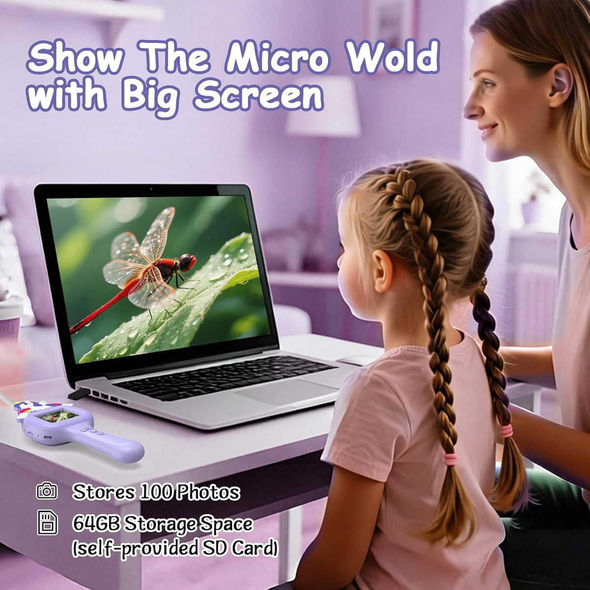 Camera endoscopica pentru copii 1080P cu ecran de 2.4 inch, LED reglabil, IP67 impermeabila, cablu flexibil 1m, zoom 3X, USB-C, jucarie STEM educativa pentru explorare natura, violet