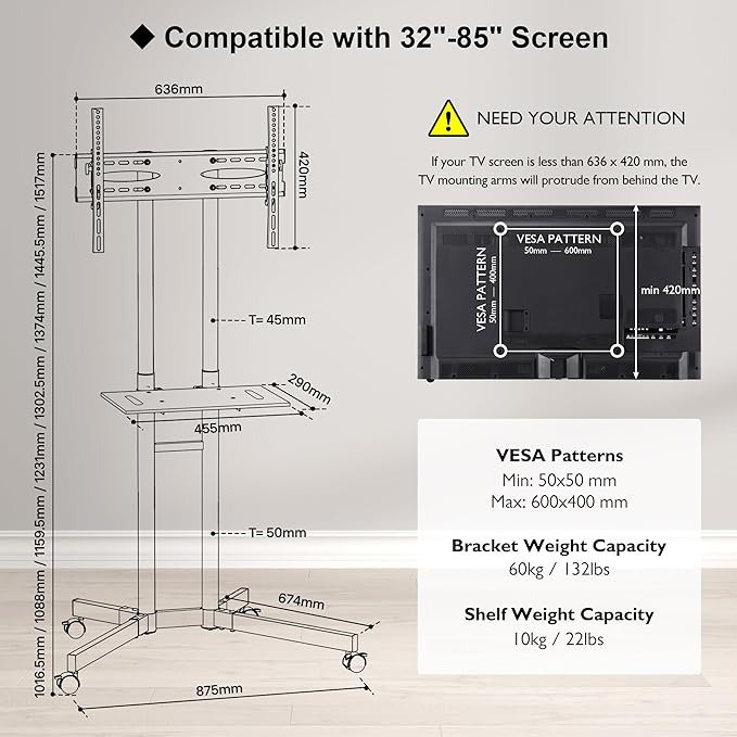 Suport TV stand cu roti, pentru televizoare de 32-85 inch plat si curbat de pana la 60 kg, reglabil in inaltime, VESA maxim 600 x 400 mm, alb