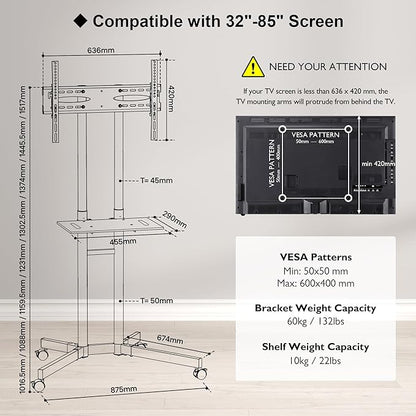 Suport TV stand cu roti, pentru televizoare de 32-85 inch plat si curbat de pana la 60 kg, reglabil in inaltime, VESA maxim 600 x 400 mm, alb