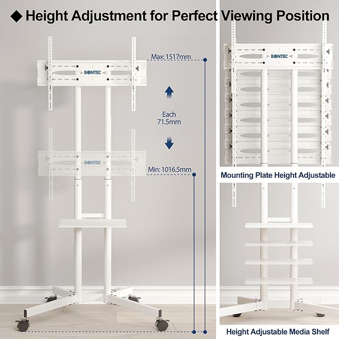 Suport TV stand cu roti, pentru televizoare de 32-85 inch plat si curbat de pana la 60 kg, reglabil in inaltime, VESA maxim 600 x 400 mm, alb