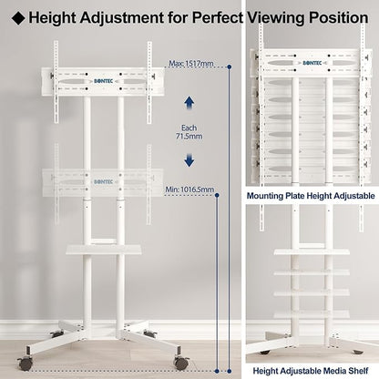 Suport TV stand cu roti, pentru televizoare de 32-85 inch plat si curbat de pana la 60 kg, reglabil in inaltime, VESA maxim 600 x 400 mm, alb