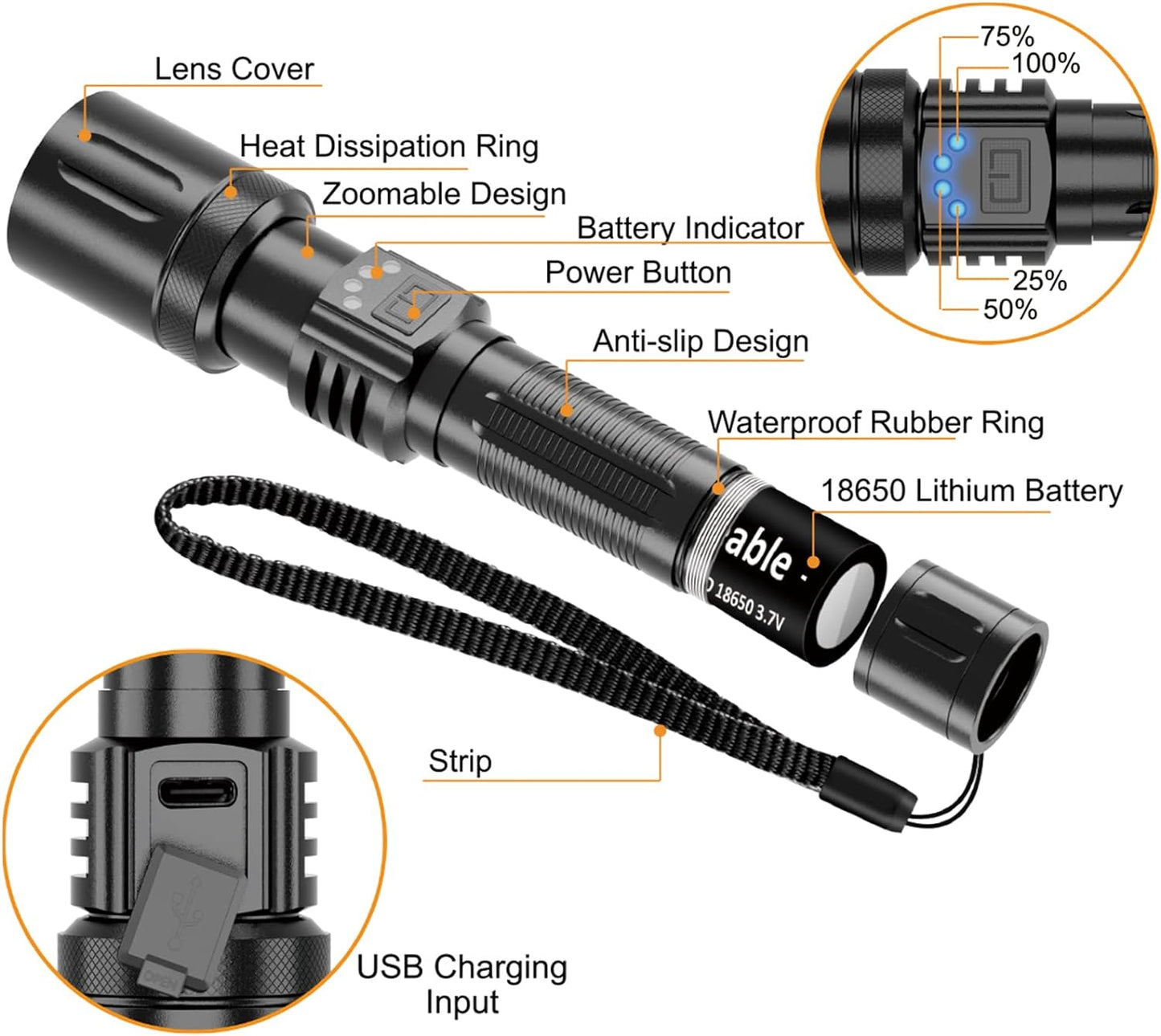 Lanterna tactica LED, din aluminiu, profesionala, focus ajustabil, acumulator inclus, 5 moduri iluminare, rezistenta la apa IPX5 , incarcare USB, sursa T028-XHP50