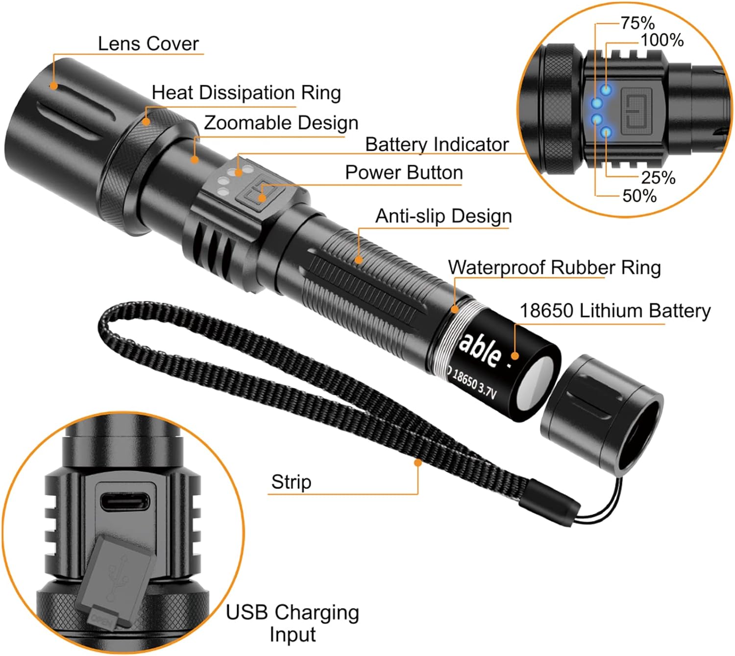 Lanterna tactica LED, din aluminiu, profesionala, focus ajustabil, acumulator inclus, 5 moduri iluminare, rezistenta la apa IPX5 , incarcare USB, sursa T028-XHP50