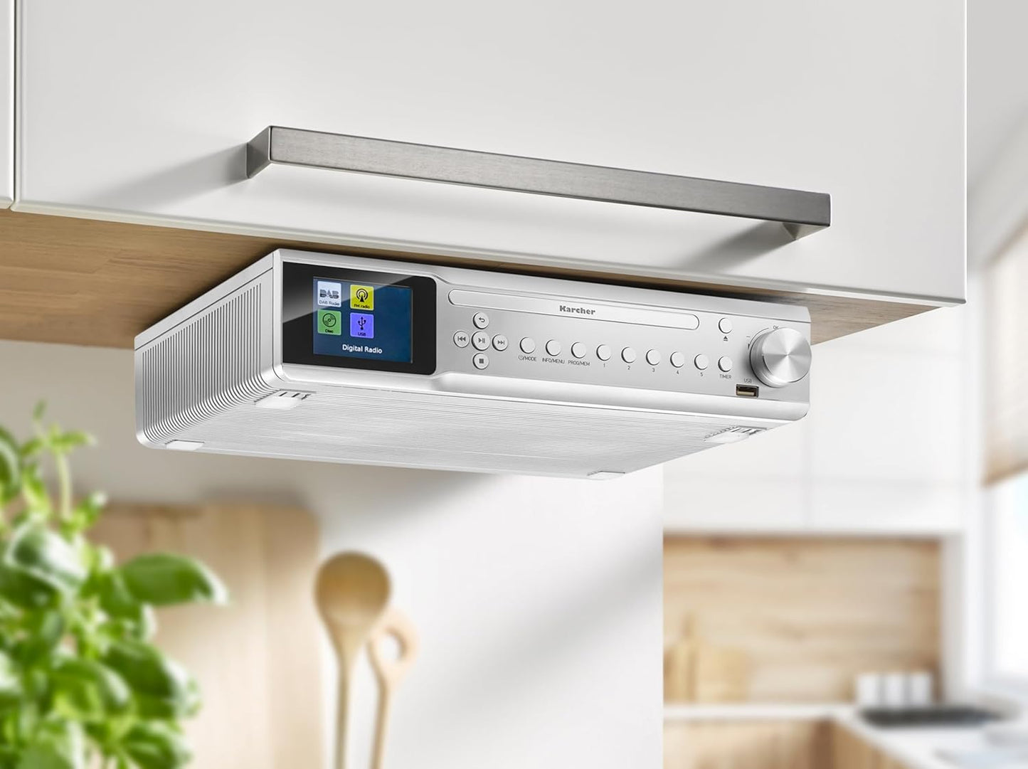 Radio de bucatarie, CD Player integrat, DAB+/FM, Bluetooth, afisaj color, ceas cu alarma, USB, memorie 30 posturi, telecomanda inclusa