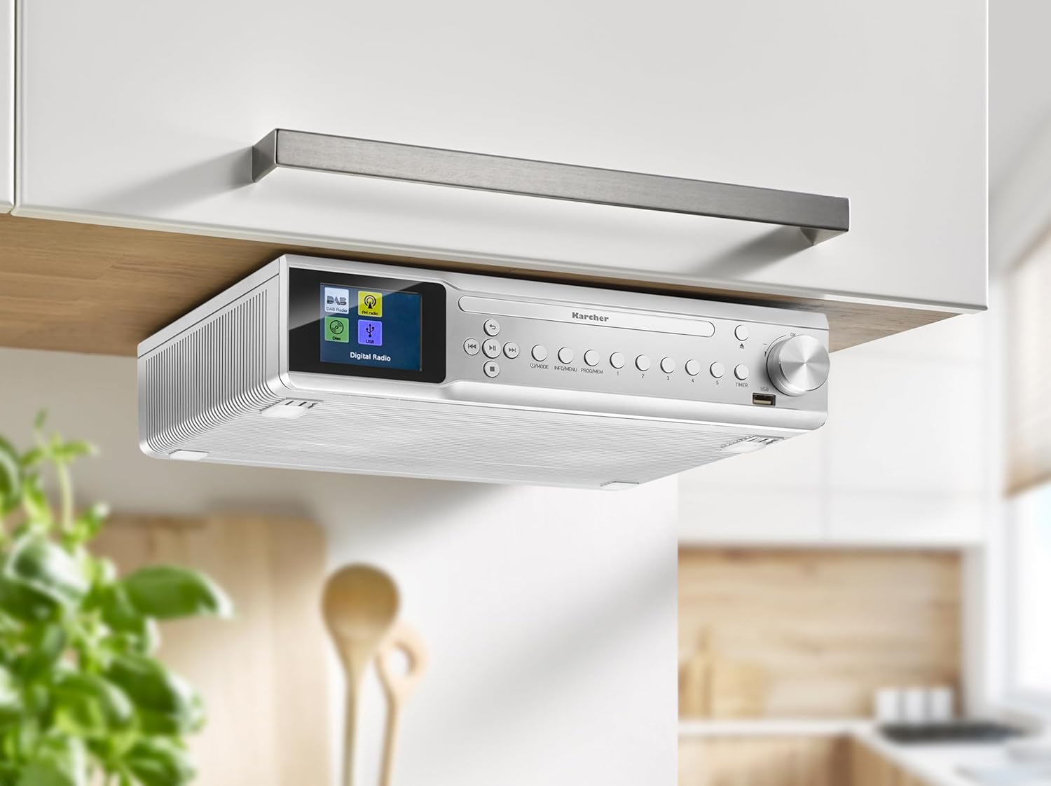 Radio de bucatarie, CD Player integrat, DAB+/FM, Bluetooth, afisaj color, ceas cu alarma, USB, memorie 30 posturi, telecomanda inclusa