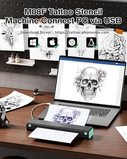Imprimanta termica portabila pentru tatuaje, Bluetooth, USB, cu 10 hartii de transfer, acumulator 1200 mAh, printare termica directa, fara tus, conectare prin aplicatie, compatibila Android/iOS/Windows/MacOS/ChromeOS