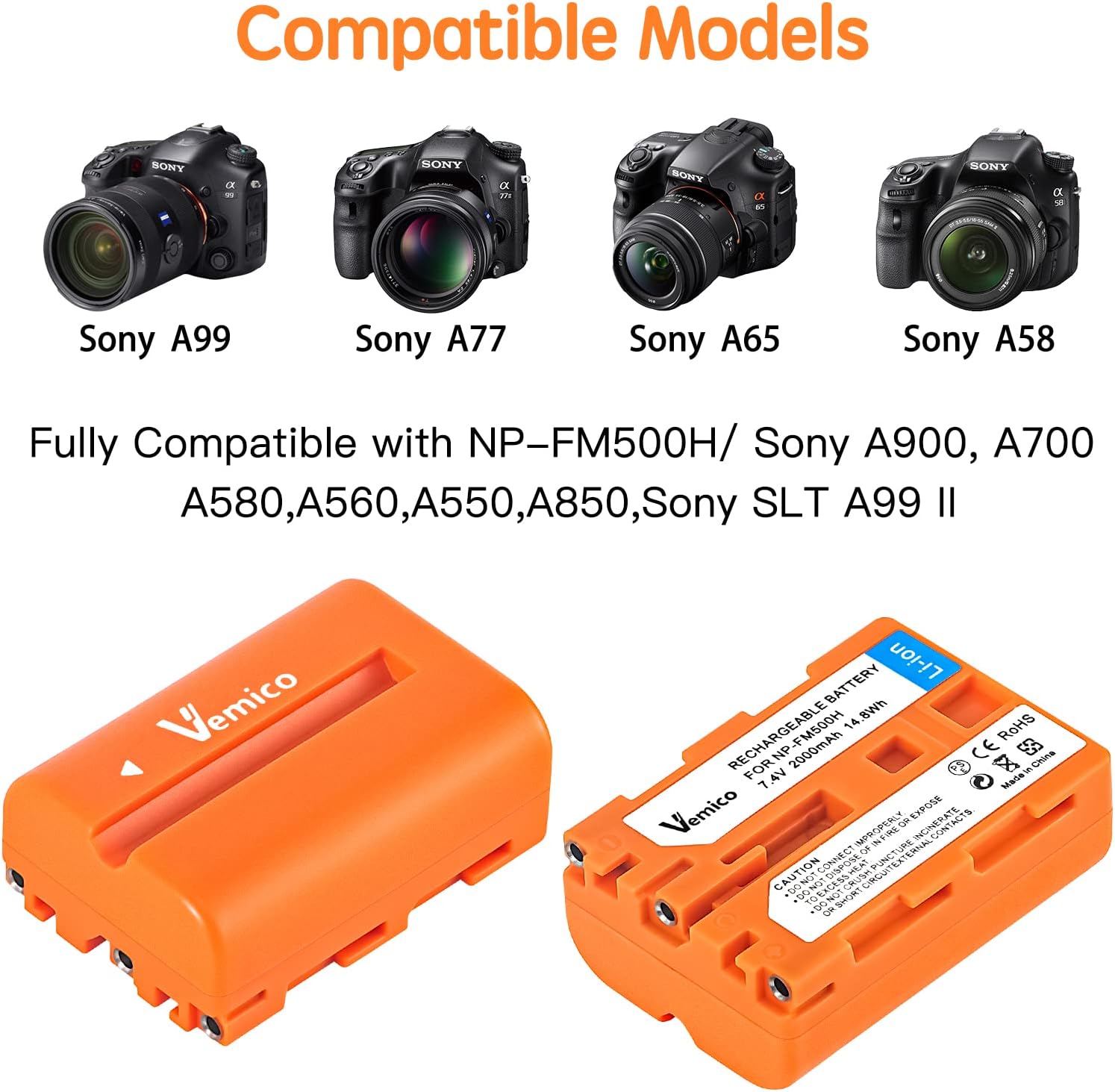 Set 2 acumulatori NP-FM500H 2000 mAh si incarcator dublu cu display LCD, pentru Sony Alpha A57, A58, A65, A65V, A68, A77, A77V, A99, A99 II, A100, A200 A300, A300K, A300X, A350, A450, A50, A550 A560, A580, A700, A700K, A700P, A700Z, A850, A900