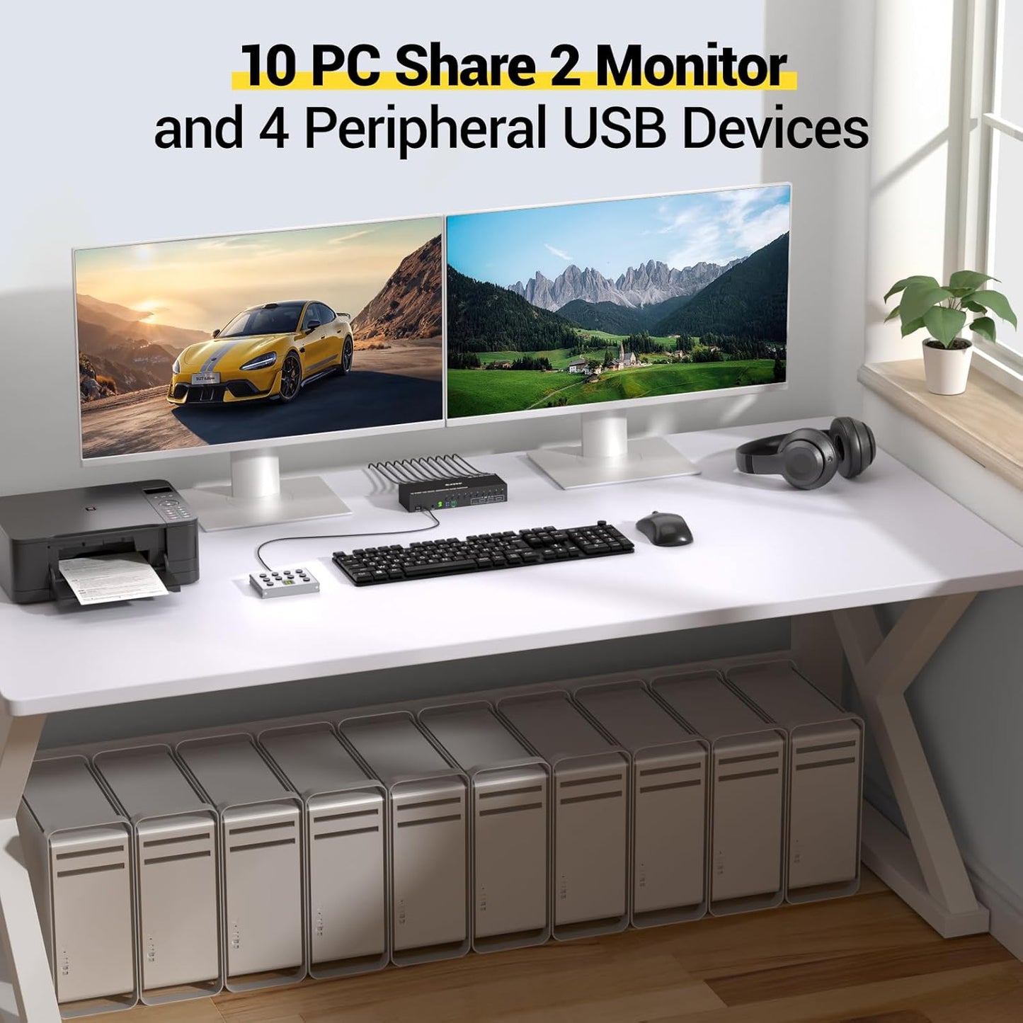 Switch KVM HDMI MLEEDA, 10 porturi pentru 10 PC-uri si 2 monitoare, dual monitor, rezolutie 4K Ultra HD 60Hz, 4 porturi USB 3.0, simulare EDID, audio, RS232, telecomanda cu fir, alimentare 12V/2A, compatibil Windows/Linux, negru