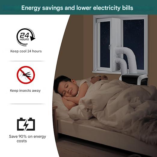 Garnitura ferestre pentru aer conditionat mobil, lungime maxima 400 cm, sistem de evacuare portabil, compatibil cu ferestre, retractabile si tractibile, luminatoare, batante, basculante