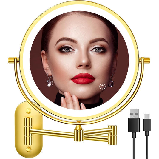 Oglinda cosmetica iluminata LED, marire 1X/20X, luminozitate reglabila, 3 moduri iluminare, reincarcabila, cu doua fete, buton tactil, rotativa 360°, aurie
