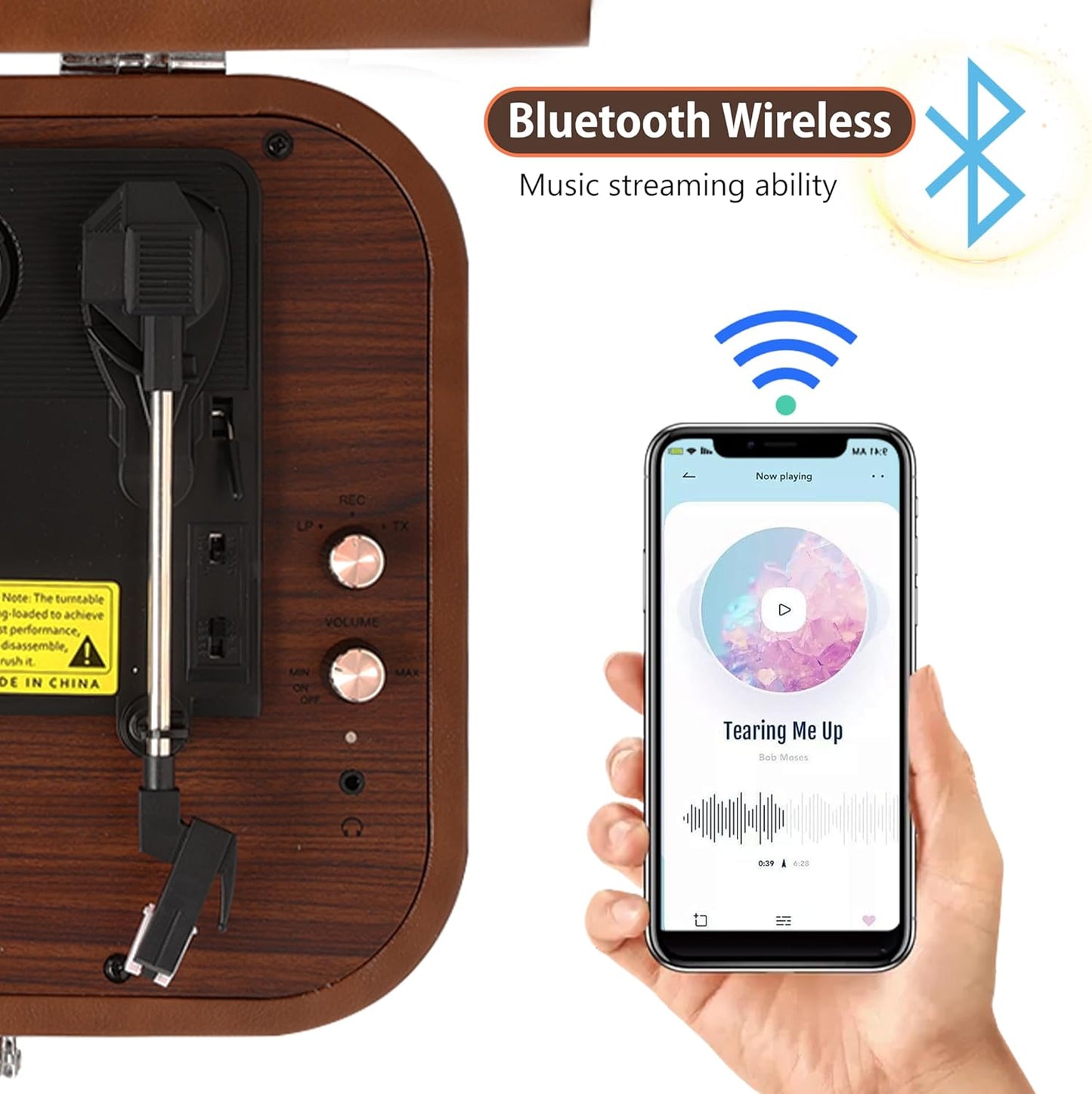 Pick-up Bluetooth 5.4, 3 viteze 33/45/78 rpm, AUX, USB, 2 difuzoare stereo incorporate, pentru vinyl 7/10/12 inch, functie inregistrare, design tip servieta, maro