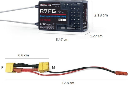 Set Radiocomanda cu 7 canale si receptor R7FG cu giroscop, telecomanda RC 2, 4 GHz, raza de actiune pana la 600 m, dual-rate, pentru masina RC, modele de barca, camion