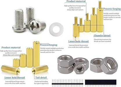 Set distantiere M3, 250 de bucati din alama, suruburi si piulite din otel inoxidabil, hexagonale, filet tata-mama, distantiere pentru pentru placa de baza Raspberry Pi si placa PCB