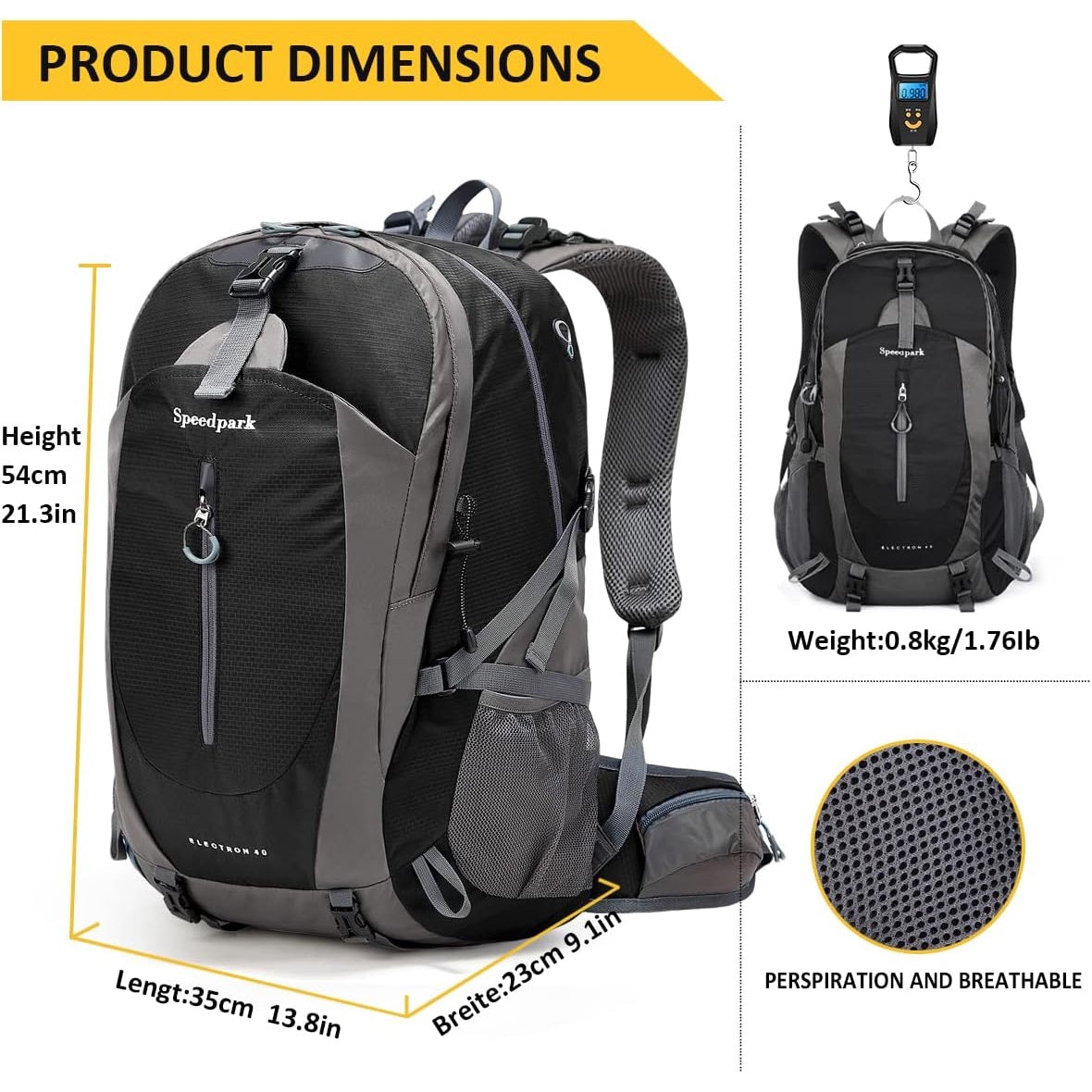 Rucsac de drumetie 40 l cu husa de ploaie, gheozdan impermeabil, buzunar frontal si laterale, material bretele respirabil, pentru drumetii, camping, trekking, negru