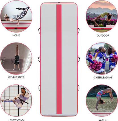 Saltea pentru antrenament gimnastica, gonflabila, 300 x 100 x 10 cm, din PVC, rezistent UV, cu pompa electrica si geanta de transport, roz