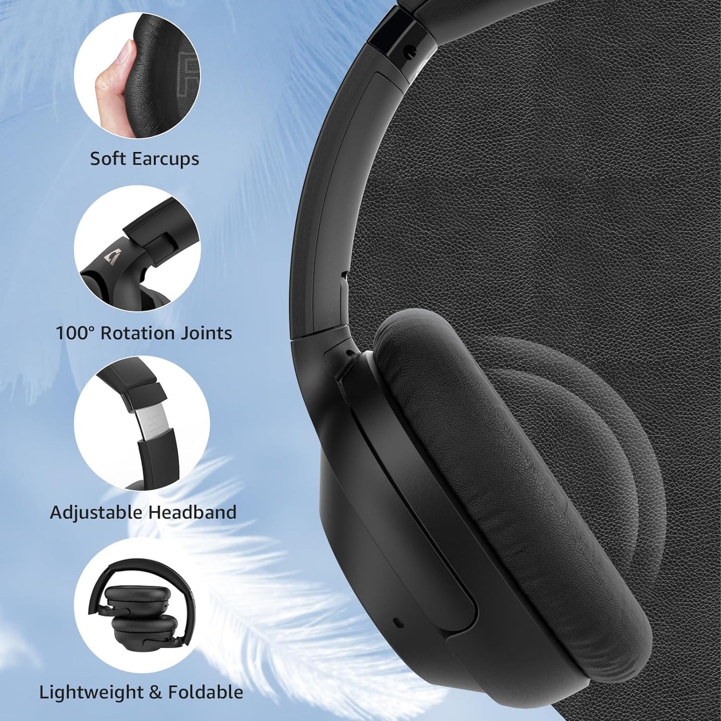Casti wireless Over the Ear Bluetooth, Noise Cancelling ANC, sunet Hi-Fi, microfon, timp redare pana la 75 ore, Bass Music, negru