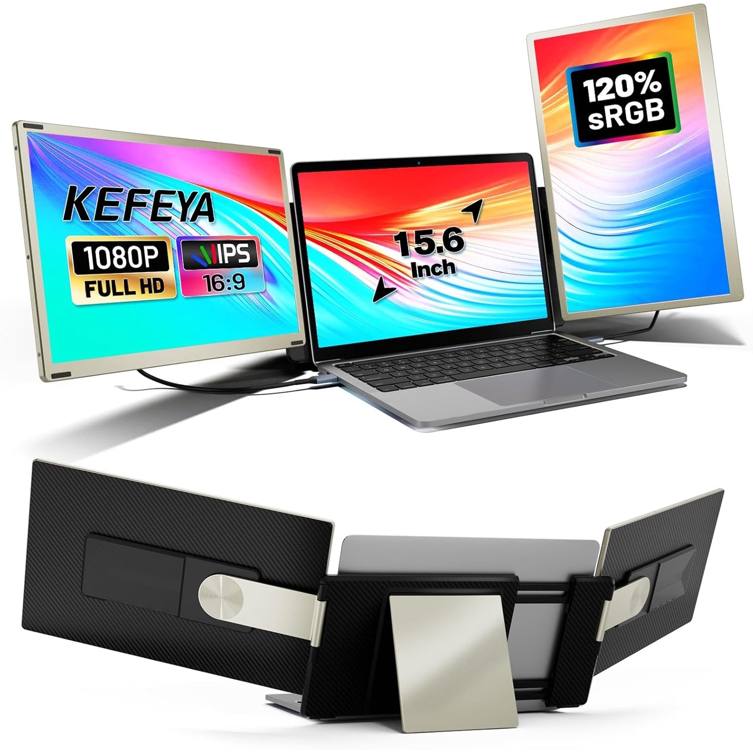 Monitor portabil pentru laptop cu doua ecrane detasabile 15.6 inch, Full HD 1080P, pliabile, contrast 1000:1, sRGB, 16.7 millioane culori, HDMI/USB-C, difuzor incorporat, pentru Mac, Windows, Chrome
